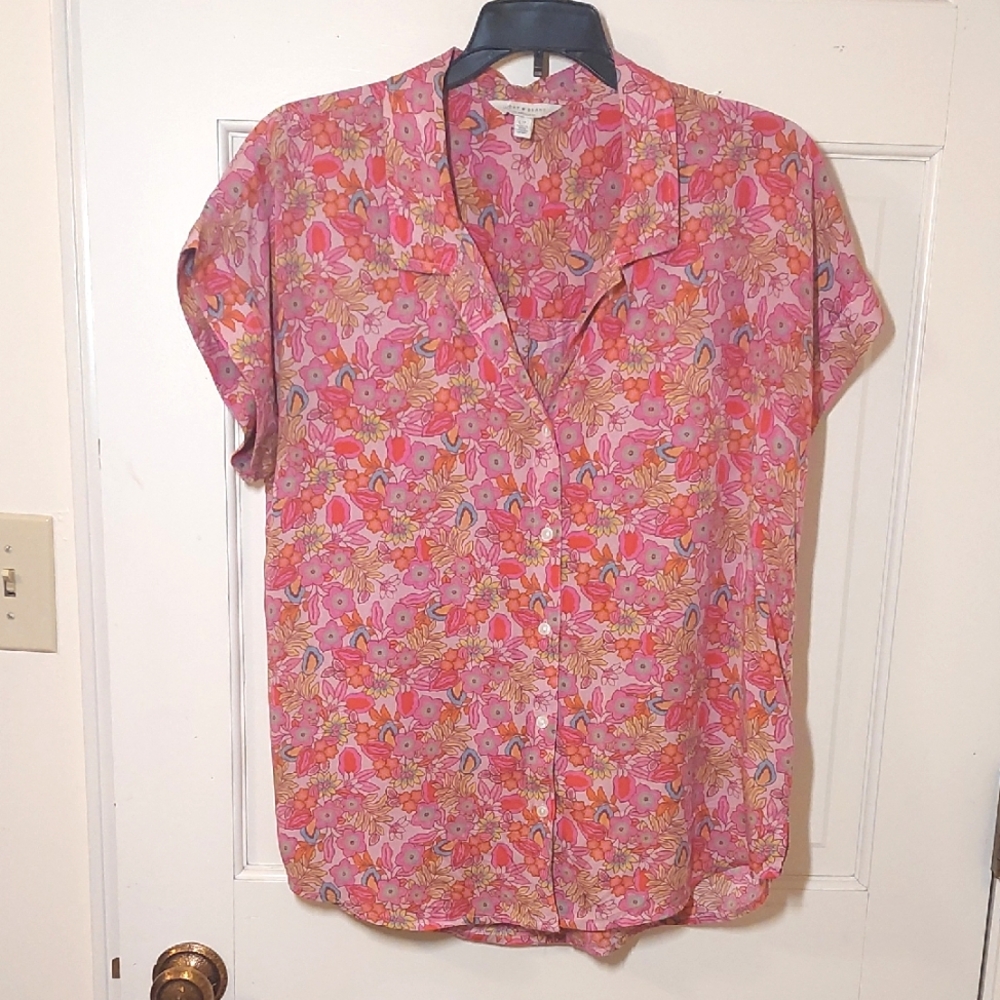 Lucky Brand Pink Floral Pink Button-Up Top, Size S